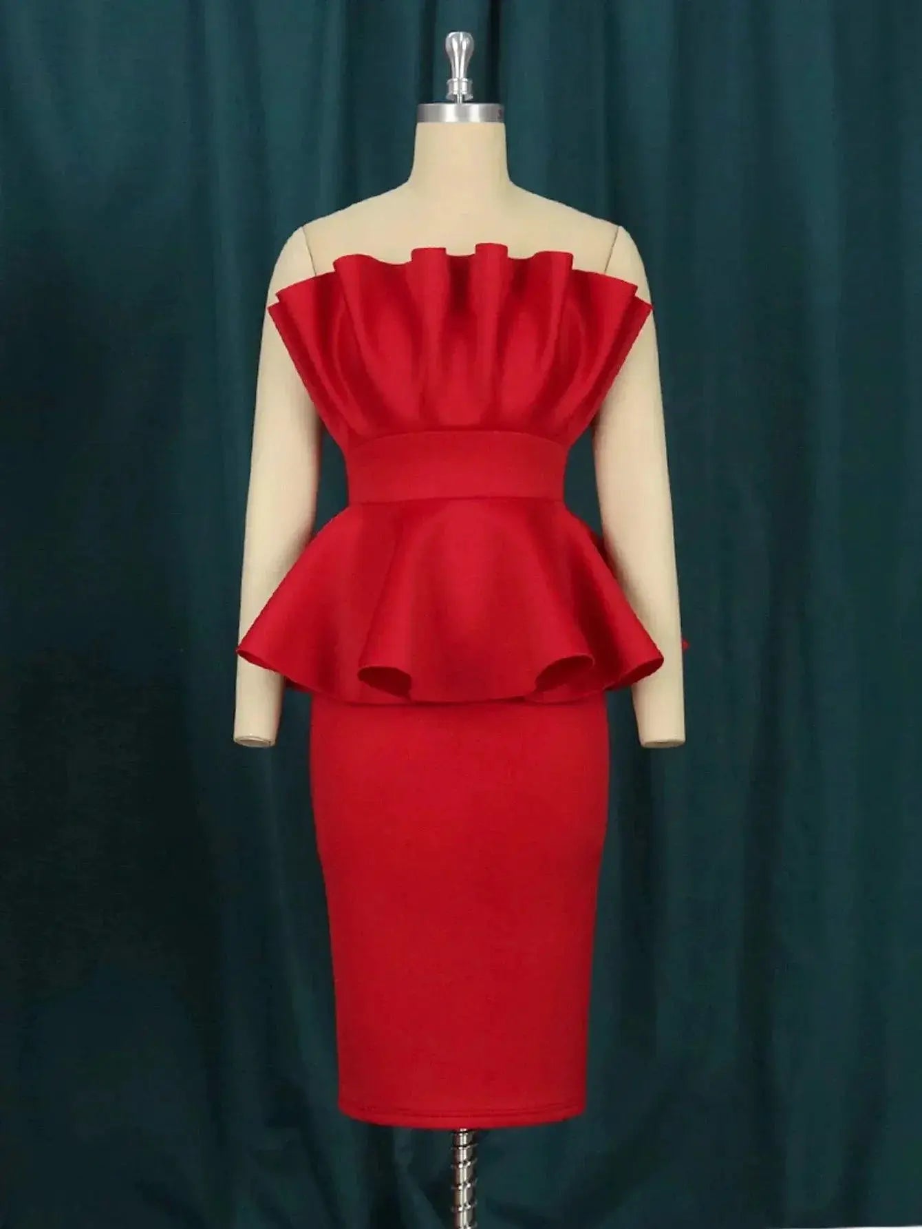 Red Ruffle Peplum Shoulder Dress Plus Size Evening Gown