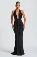 Mozision Deep V Neck Draped Maxi Dresses for Women Halter Backless Club Elegance