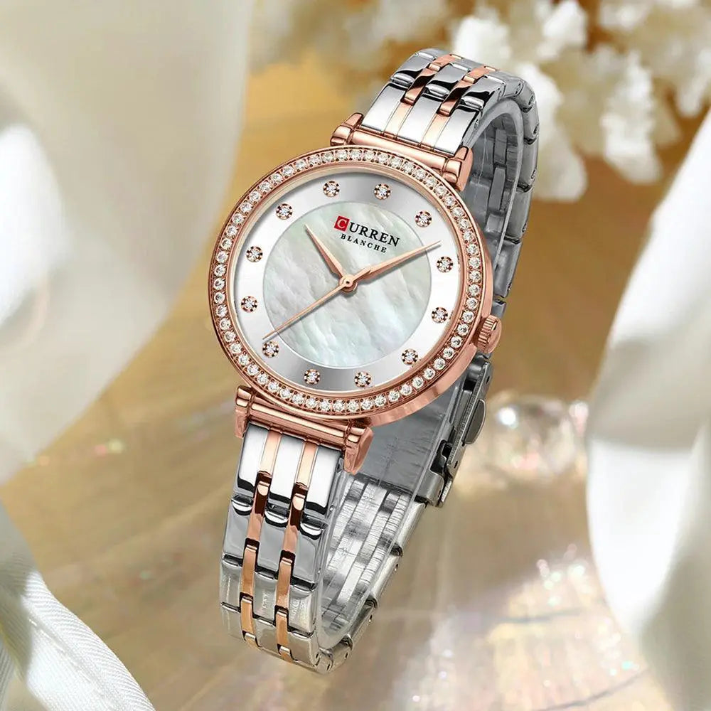 Curren Luxurious Rhinestone Shell Dial Watch for Women