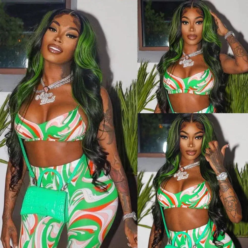 Vibrant Highlight Green Body Wave Lace Front Wig Remy Hair