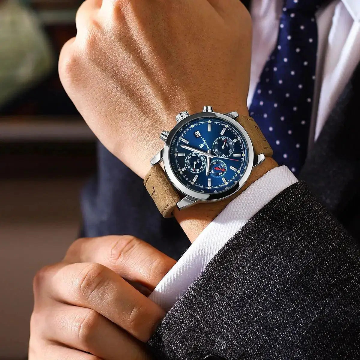Poedagar Chronograph Watch Men's Waterproof Leather Strap