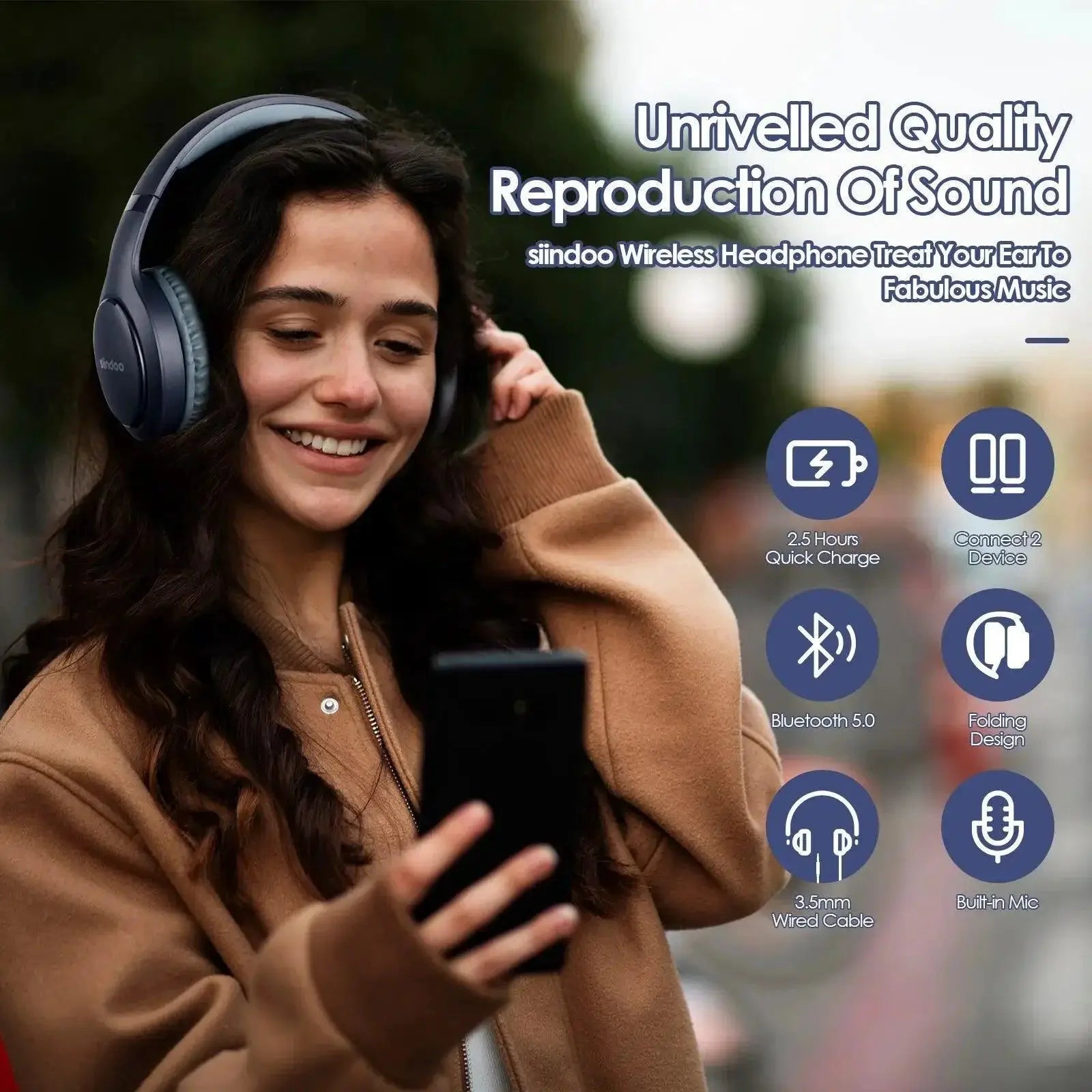 Siindoo Bluetooth Headphones Superior Sound Quality Bass
