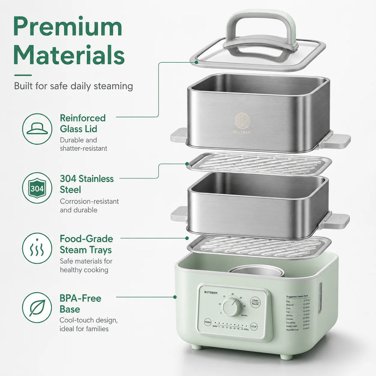 BUYDEEM Quart Electric Food Steamer, Stainless Steel Vegetable — product view 8