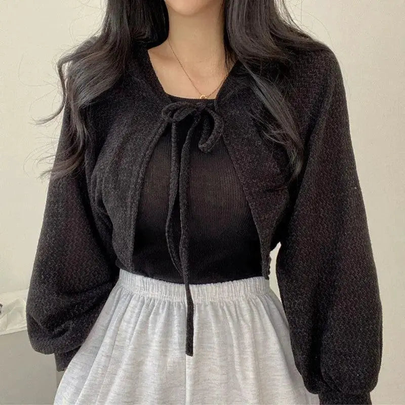 White Lace-Up Lantern Sleeve Cardigan Korean Style Staple
