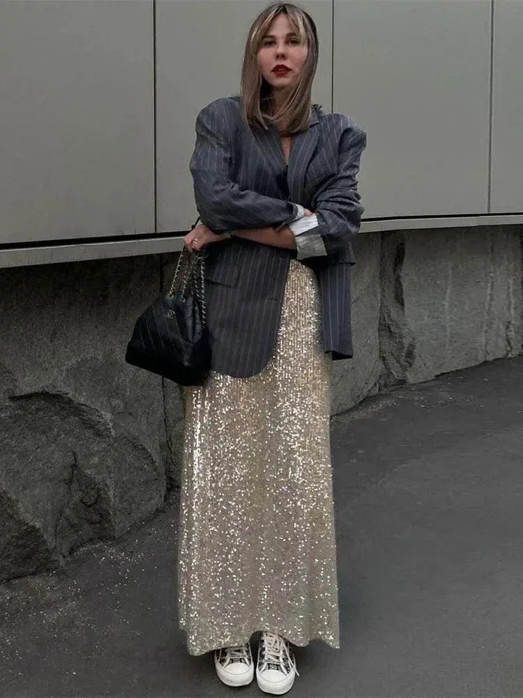 Sequin Maxi Skirt Glamorous High Waist Glitter Elegance