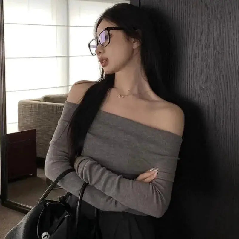 Knit Slash Neck Sweater Defined Waist Elegant Top Collection