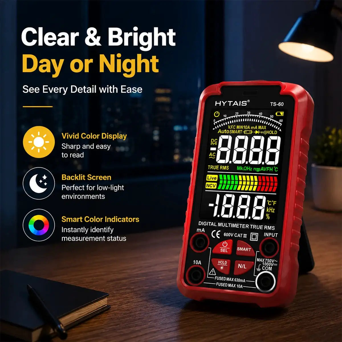 HYTAIS TS60 Smart Digital AC DC Multimeter 6000 Counts True RMS Auto Ranging Rechargeable Lithium Battery NCV Live Wire Detector