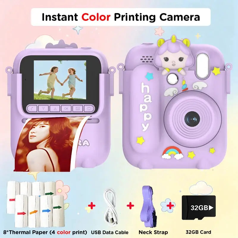 Color Printing Camera Kids Instant Camera 32GB 1080P Thermal Print Digital Camera Print Photo Video Games Music Children Gift
