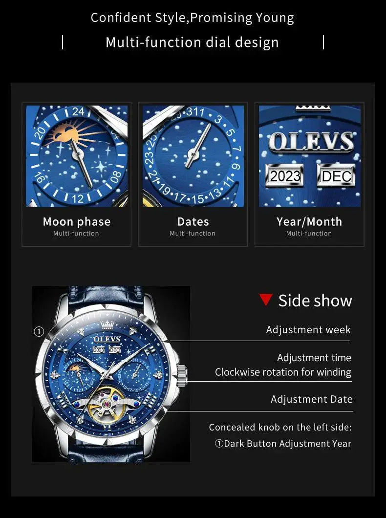 OLEVS Mens Moon Phase Hollow Flywheel Luxury Wristwatch
