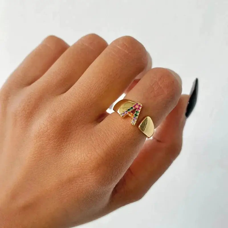 Rainbow Zircon Letter Rings for Women Fashion Jewelry