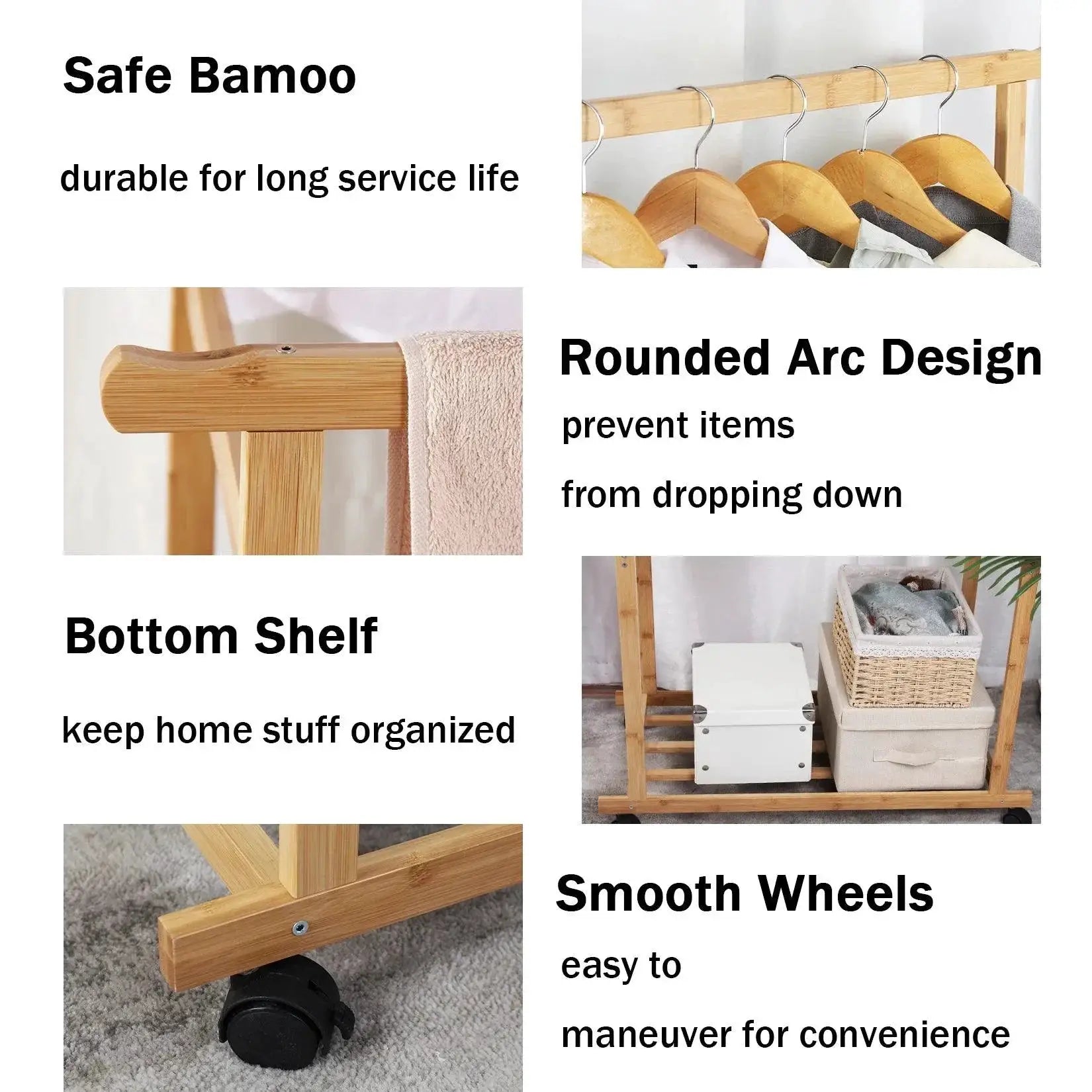 Bamboo Garment Coat Rack Heavy Duty Clothes Hanging Shelves
