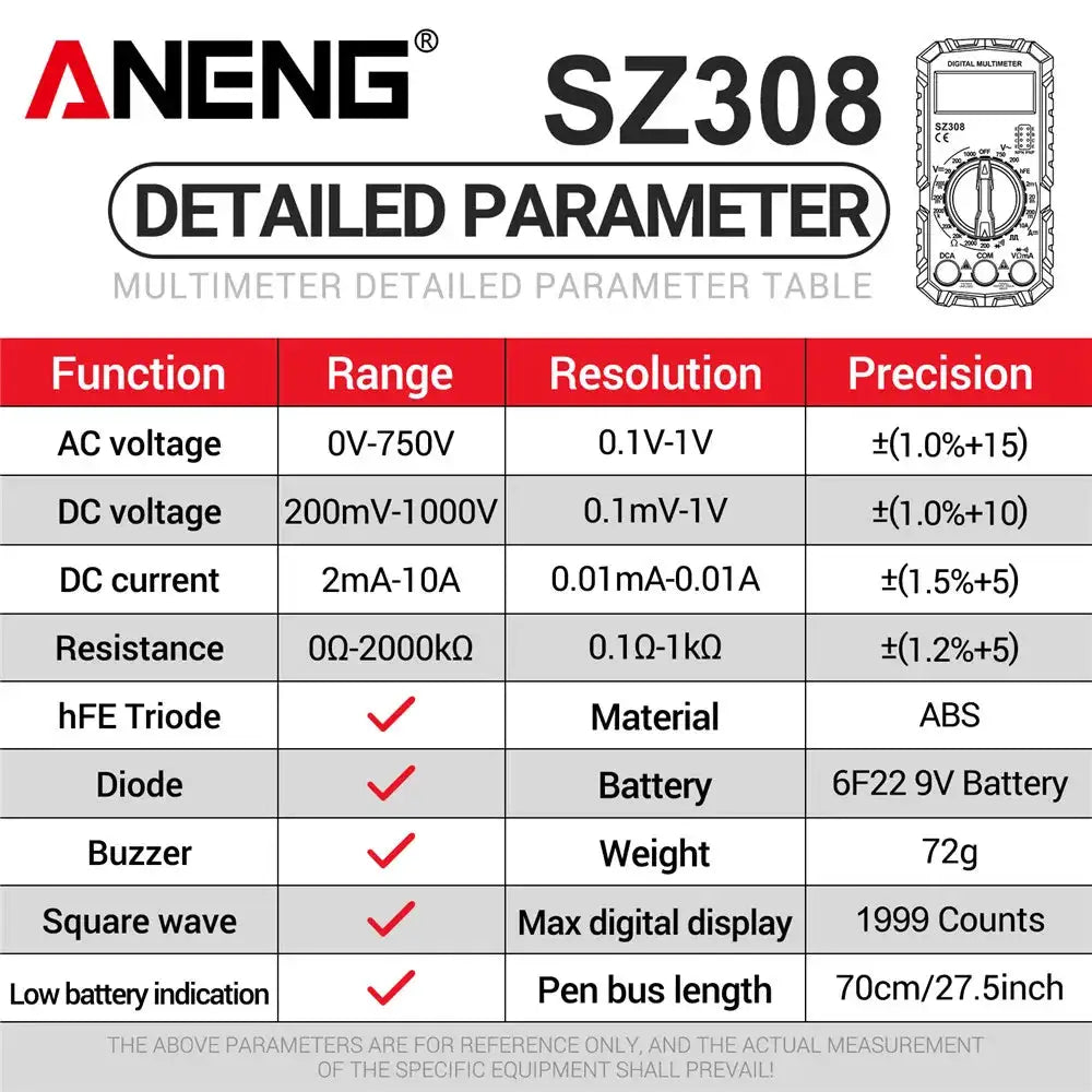 ANENG SZ308 Digital Multimeter AC/DC Current Meter Voltage Resistance Meter Electrician LCD Screen Ohm Square Wave Test