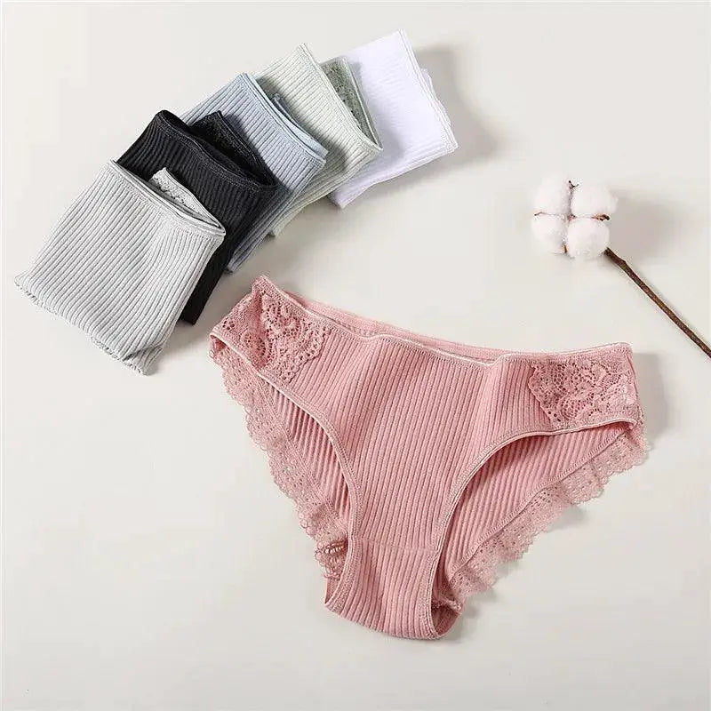 Elegant Lace Trim Cotton Panties Set Stylish Low Rise Pack