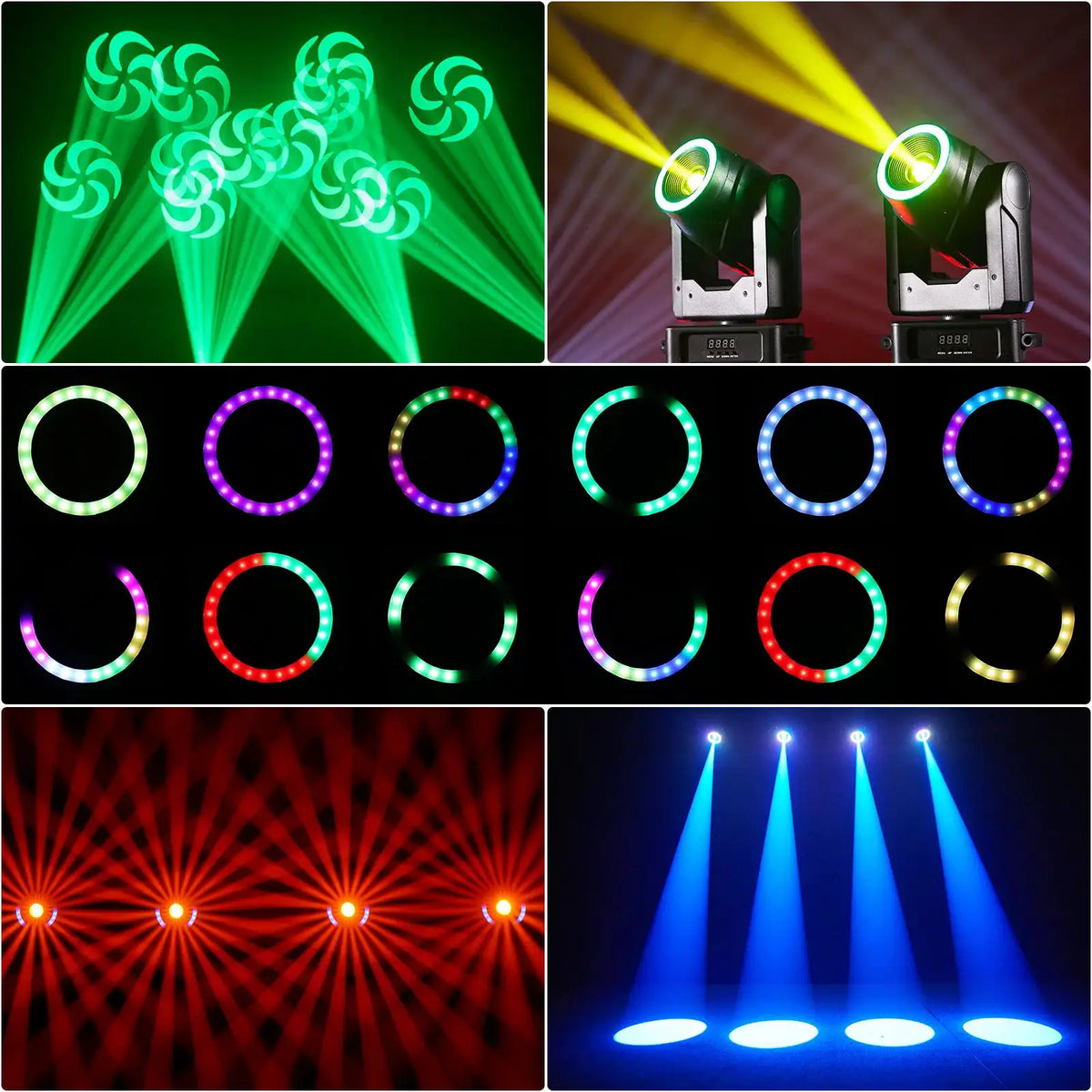U'King 120W Focusing Moving Head Light DMX Stage Light with Halo Strip 7Gobos 7Colors 3Prisms RGBW LED Spotlight for DJ Disco