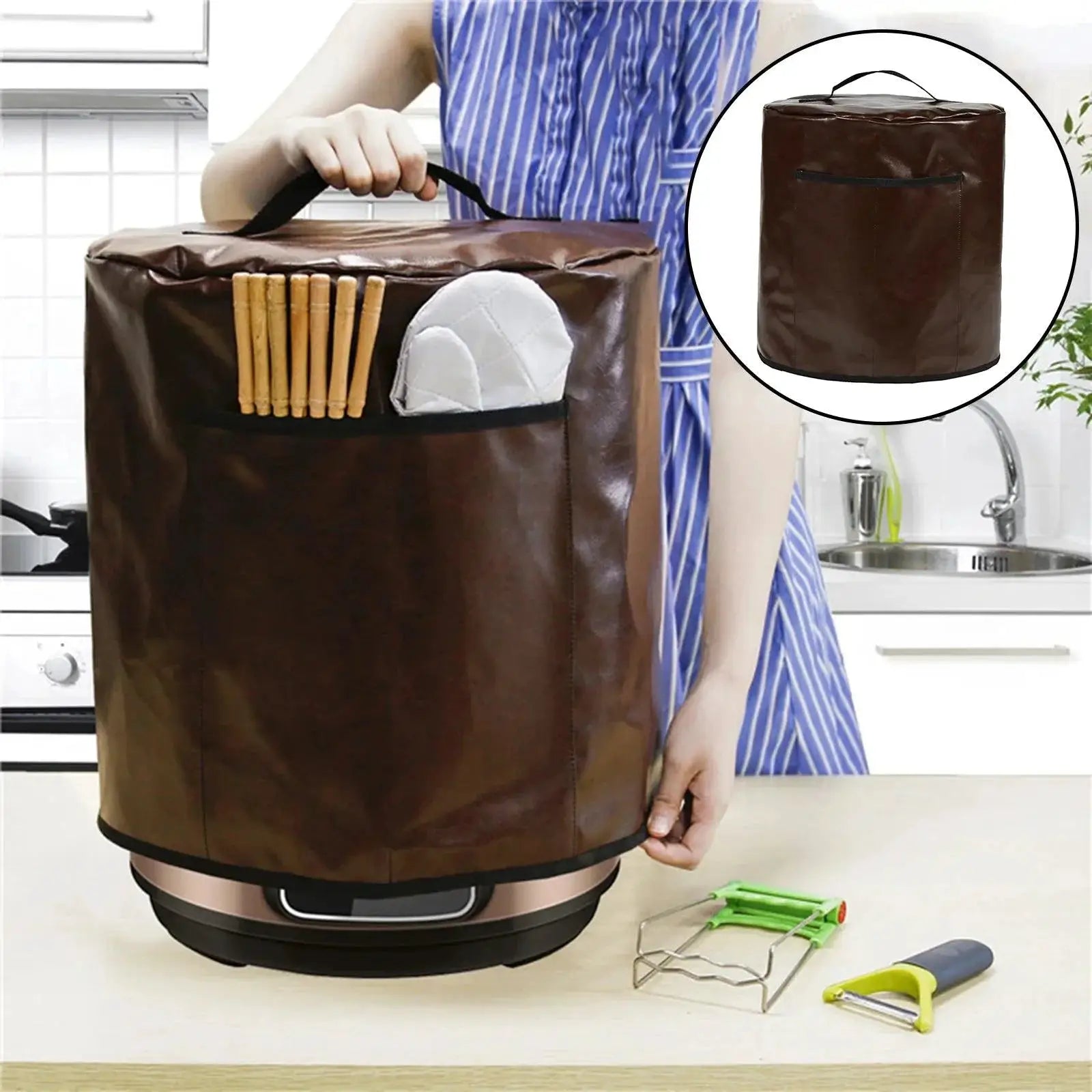 Brown kitchen appliance dust cover with handle, pocket holding chopsticks and oven mitt on counter at OurLum.com