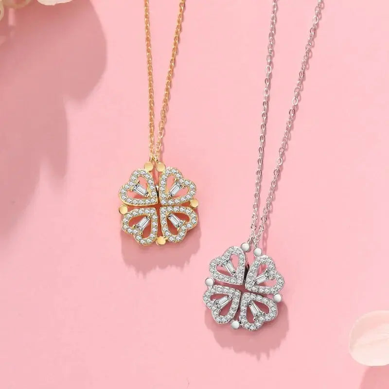 Heart Shaped Four Leaf Clover Pendant Necklace Zircon - OurLum.com