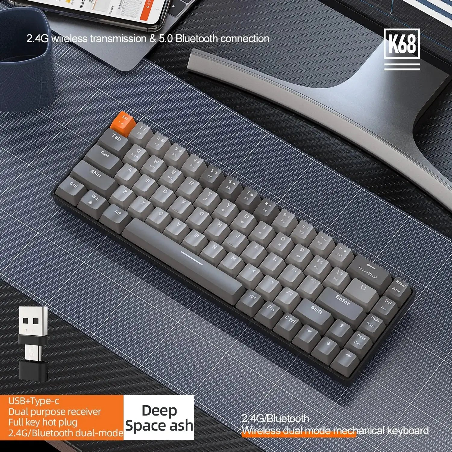 Wireless Mechanical Keyboard Bluetooth Dual Mode 68 Key Red