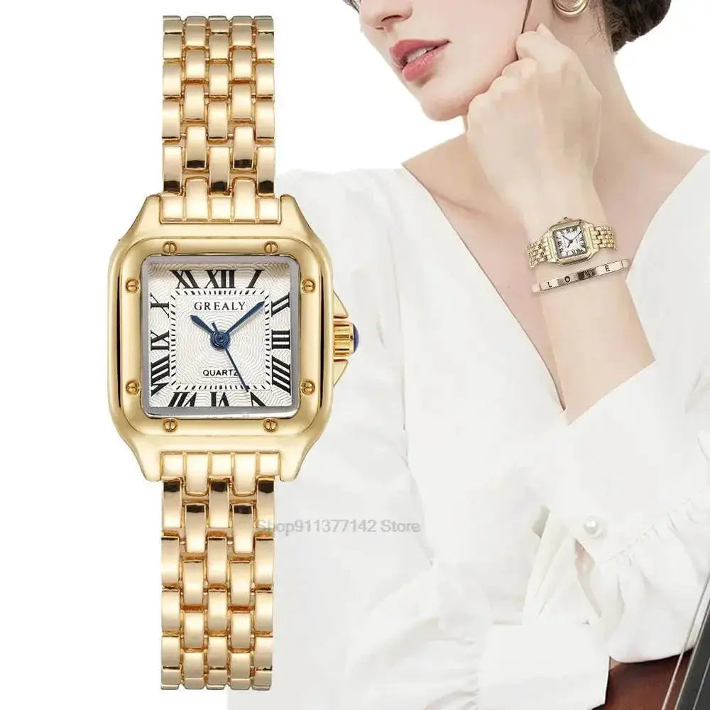 Golden Square Roman Scale Watch Luxury Timepiece For Women