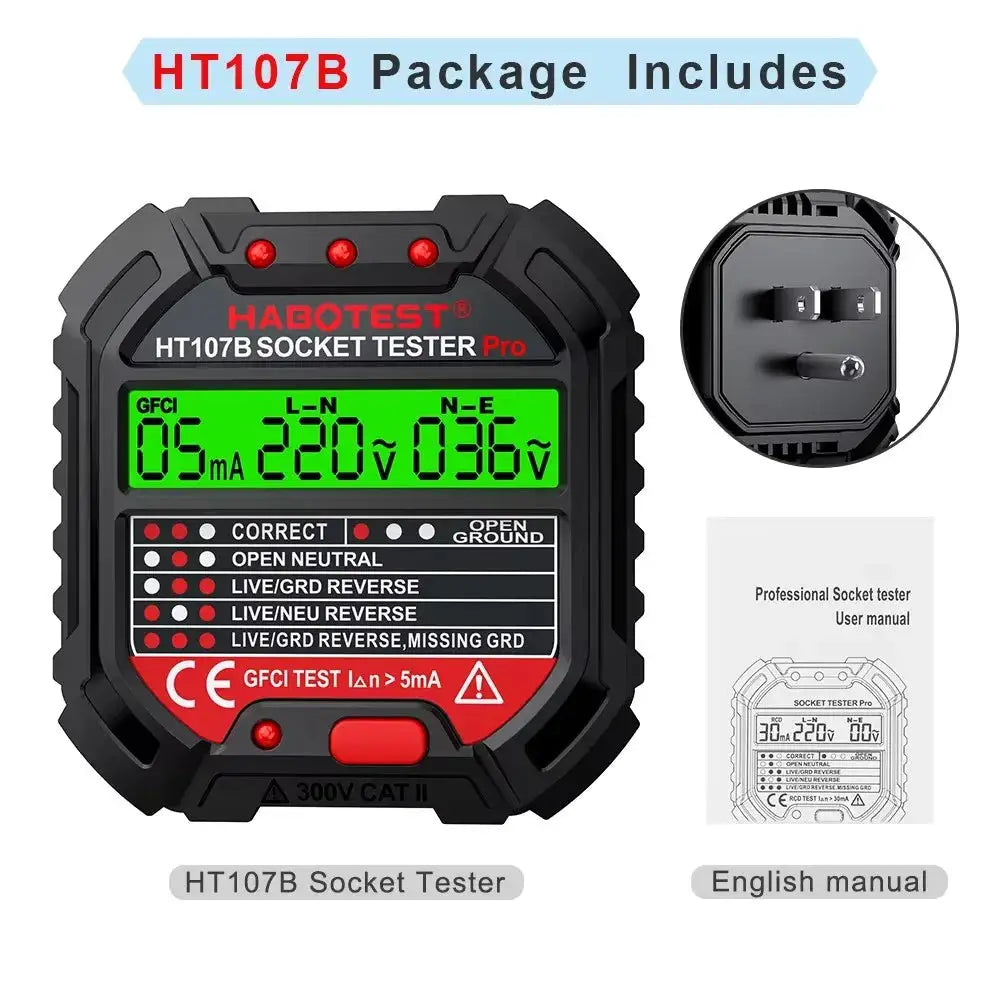 HT107 Digital Socket Tester Pro Voltage 30mA &5mA RCD Test Smart Detector EU US UK Plug Ground Zero Line Polarity Phase Check