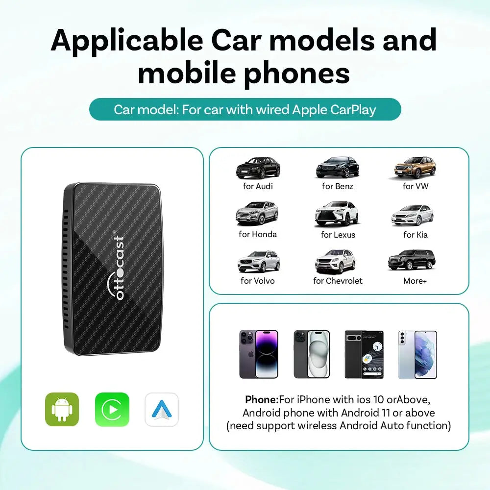 OTTOCAST Play2 Video Pro Carplay Ai Box Wireless Android Auto Adapter Built in Youtube Netflix For VW Benz Ford 99% of Cars
