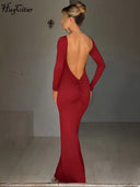 Hugcitar Backless Long Sleeve Bodycon Maxi Dress Solid Prom Party Y2K Night Glow