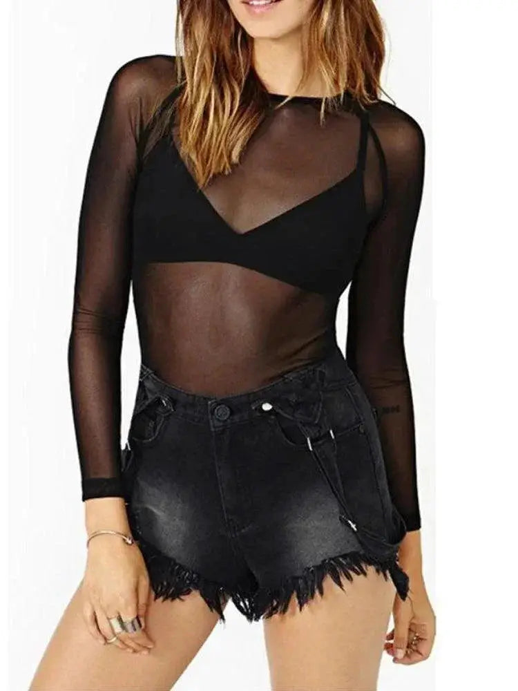 Sultry Black Mesh Blouse for Seductive Punk Clubwear