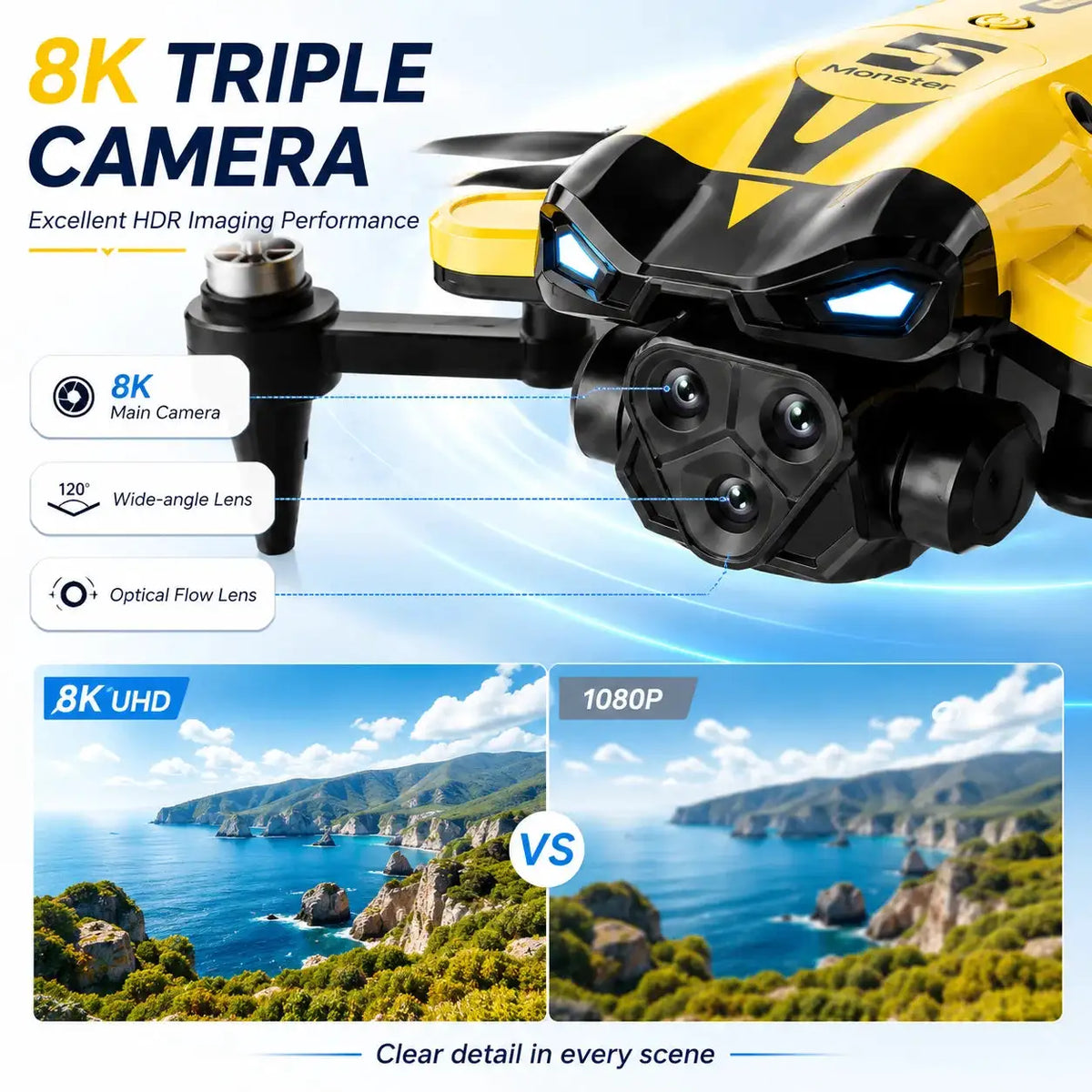 Brushless Aerial RC Drone 8K Triple Camera 5G Transmission 7 Level Wind Resistance Optical Flow Hover Folding Portable Drone