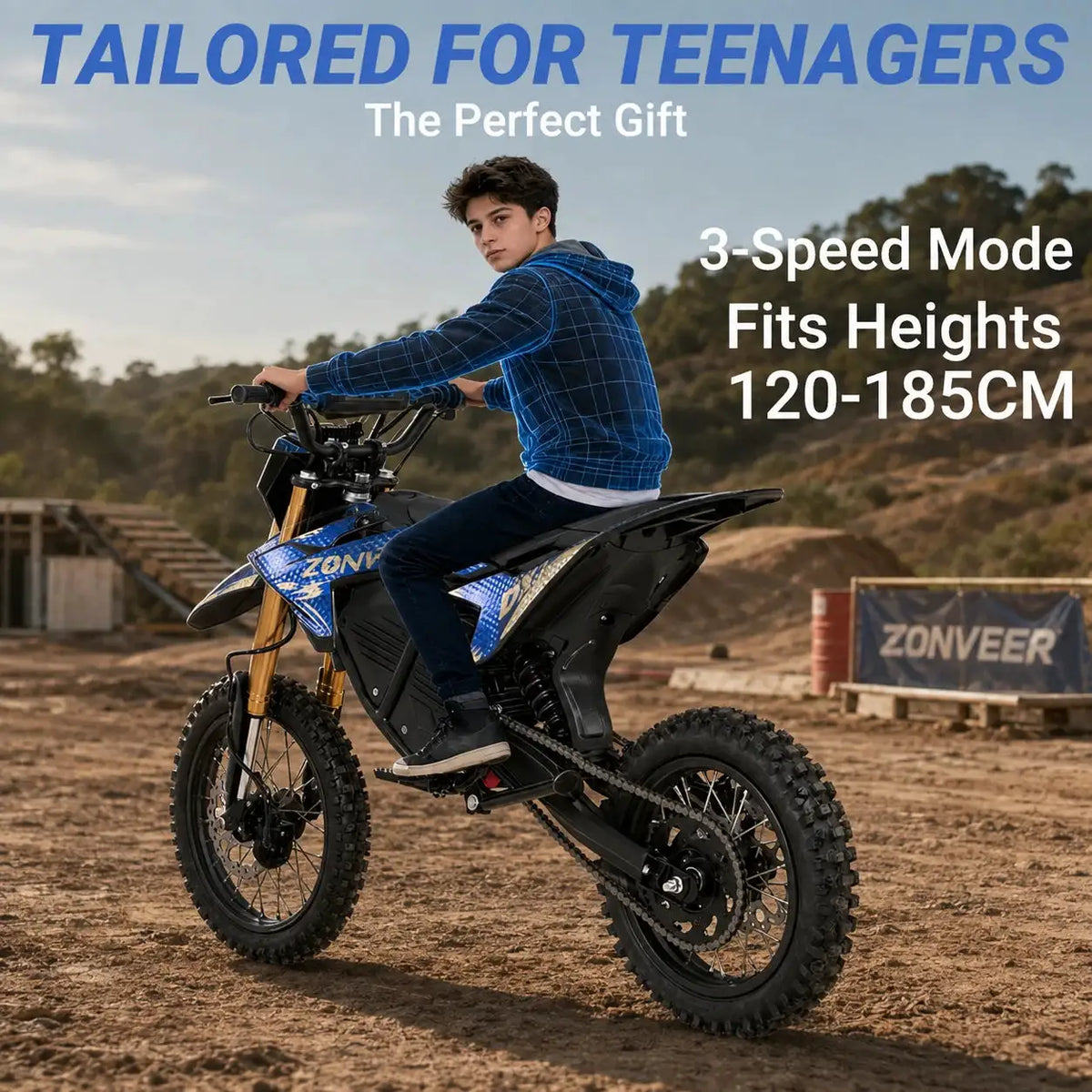 ZONVEER DX1 Electric Dirt Bike for Teens, 3000W Peak Mid Motor, 40MPH Top Speed, 48V 20.8Ah Battery, 278Nm Max Torque, Dual Hydraulic Suspension, Hydraulic Brakes