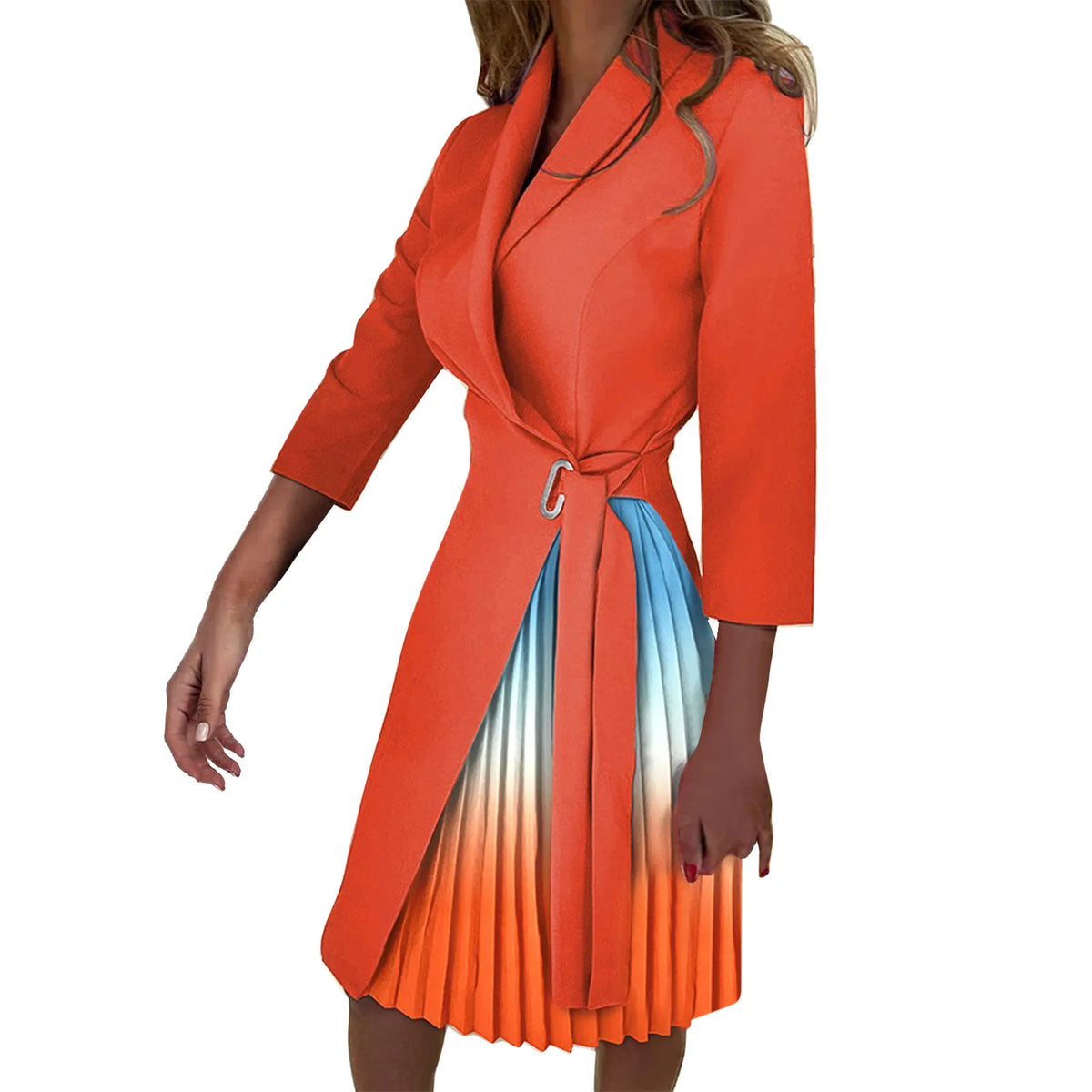 Pleated Patchwork Belted Blazer Dress