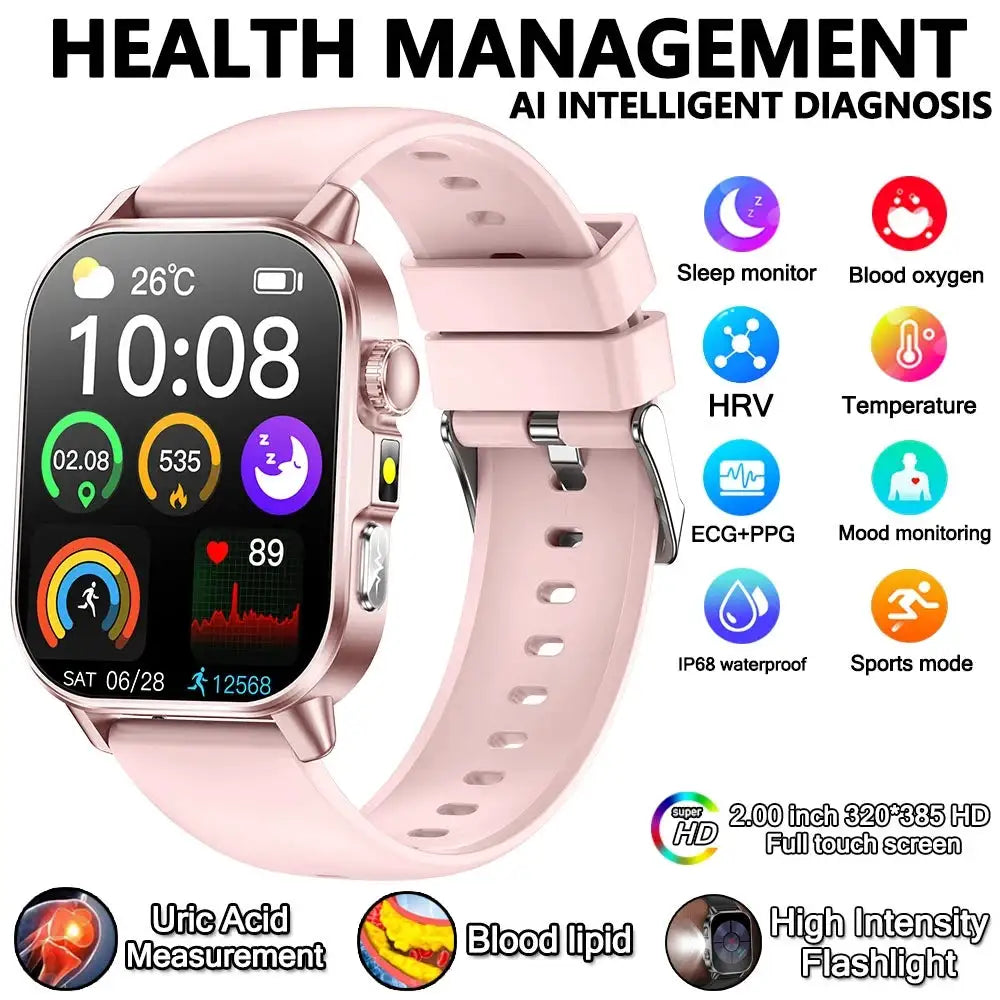 2026 New Professional-Grade Health Smart Watch Men ECG BP HR Uric Acid Lipid BMI Body Analysis Bluetooth Call Smartwatch Women