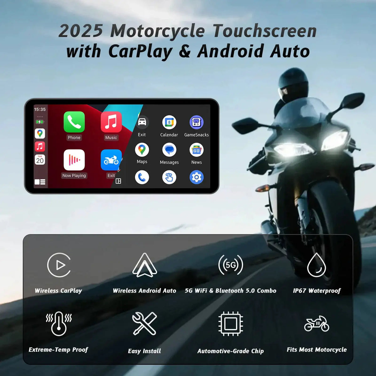 6-Inch Motorcycle Smart Display – Wireless CarPlay & Android Auto | Bluetooth Voice Control | IP67 Waterproof | HD Touchscreen |