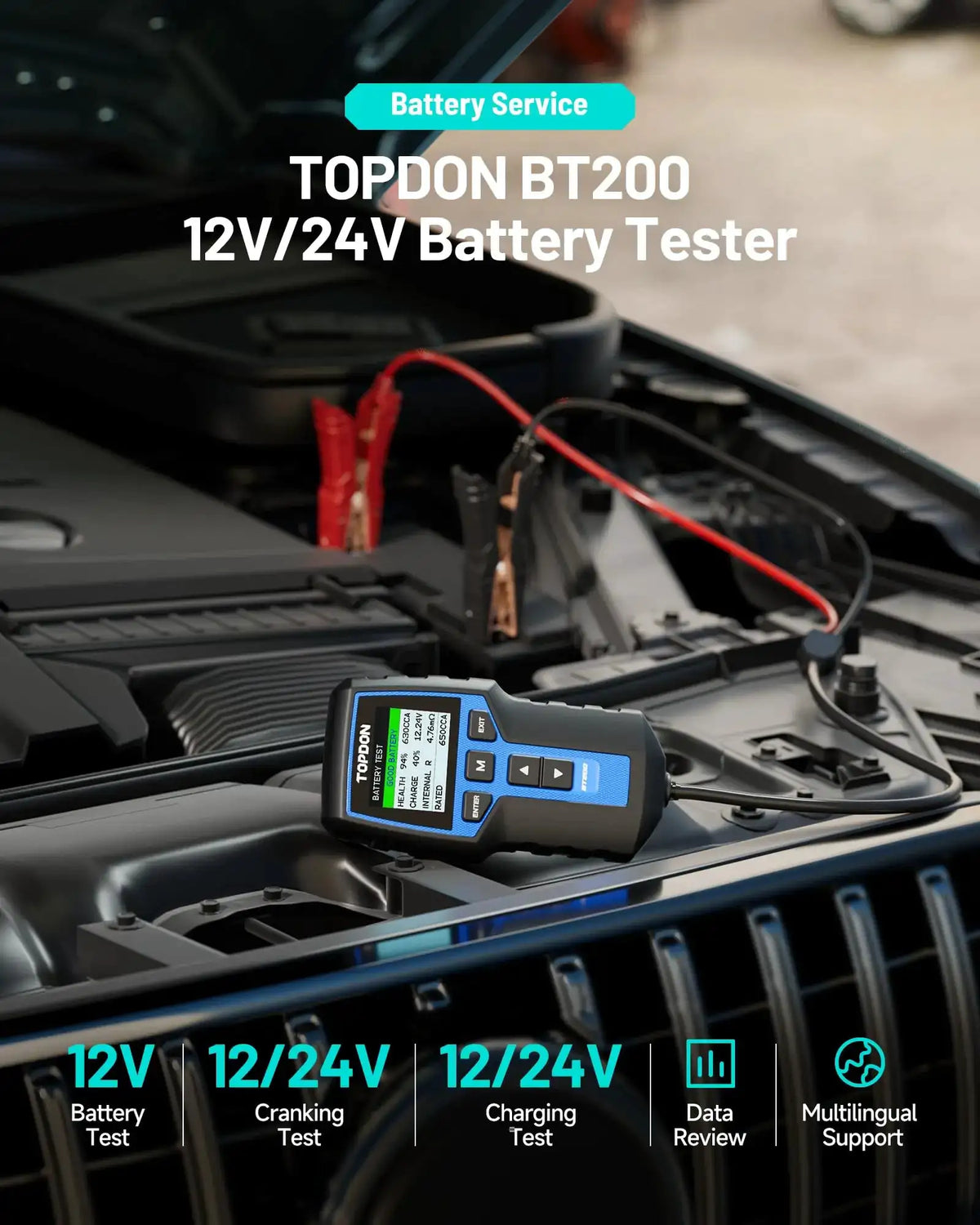 TOPDON BT200 2027 Latest Version: 12V/24V Battery Load Tester, 100-2000 CCA Alternator & Cranking System Analyzer.