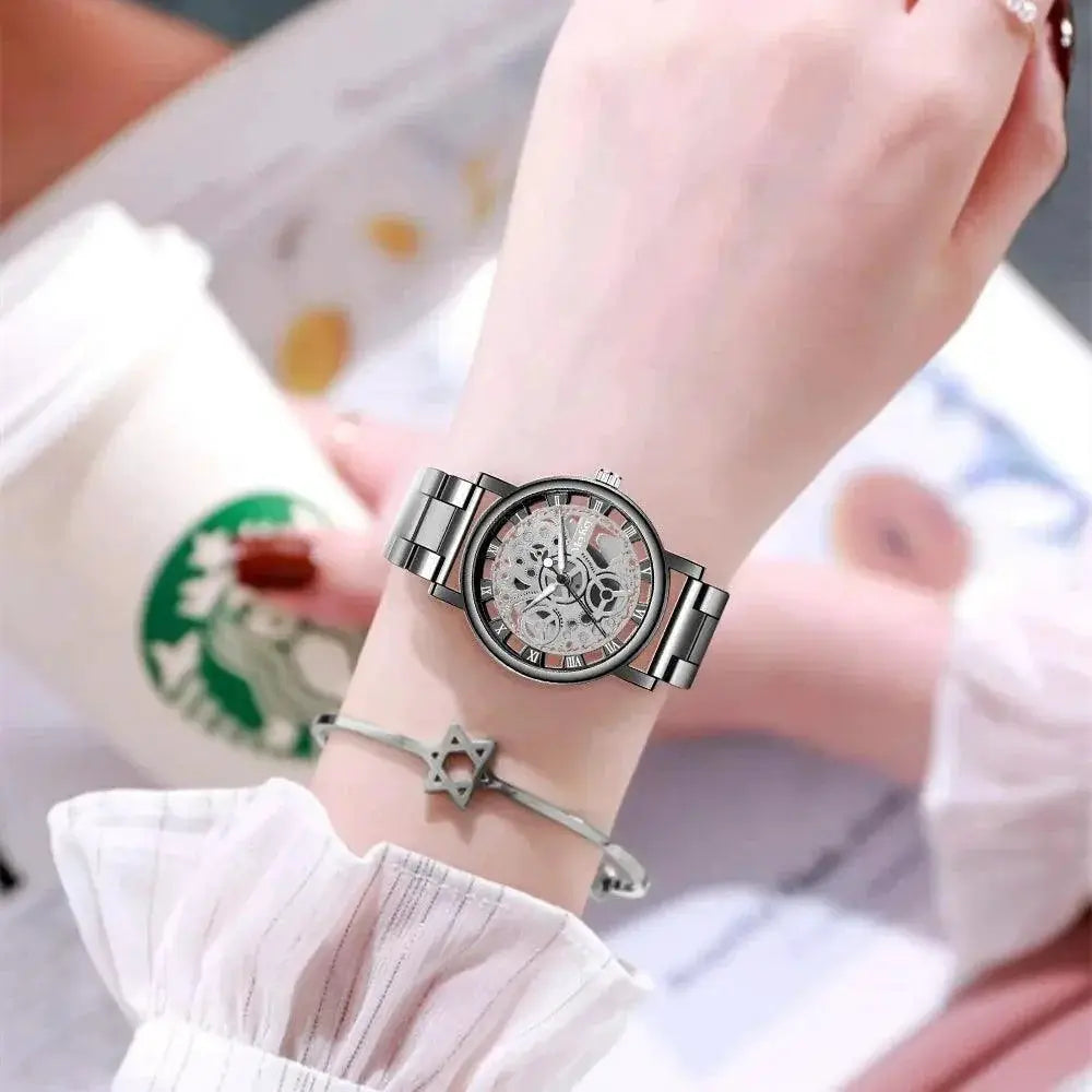 Elegant Skeleton Quartz Watch For Women With Mesh Strap