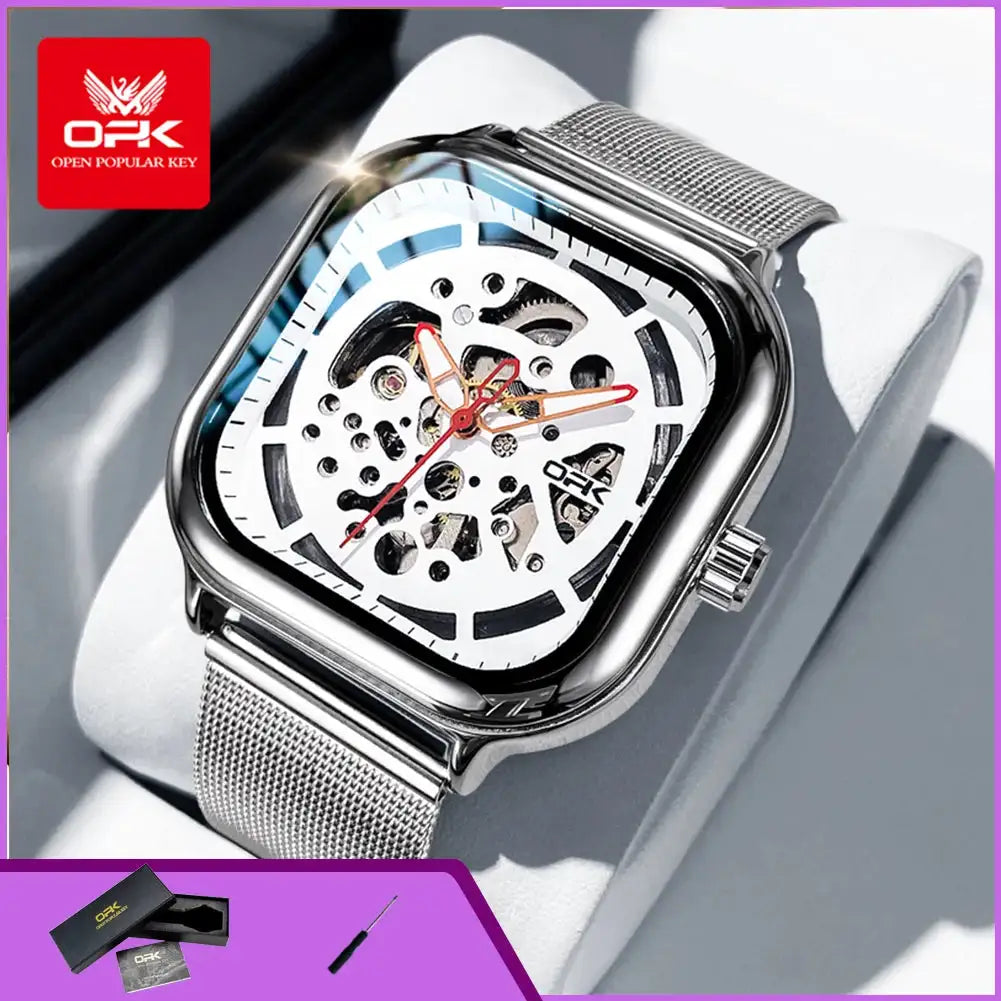 OPK 8173 Hollow Men's Watch Classic Luminous Waterproof Mesh Steel Strap Automatic Mechanical Wristwatch for Man Original