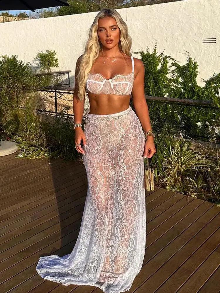 Mozision Lace Two Piece Skirt Set Elegant Party Beachwear