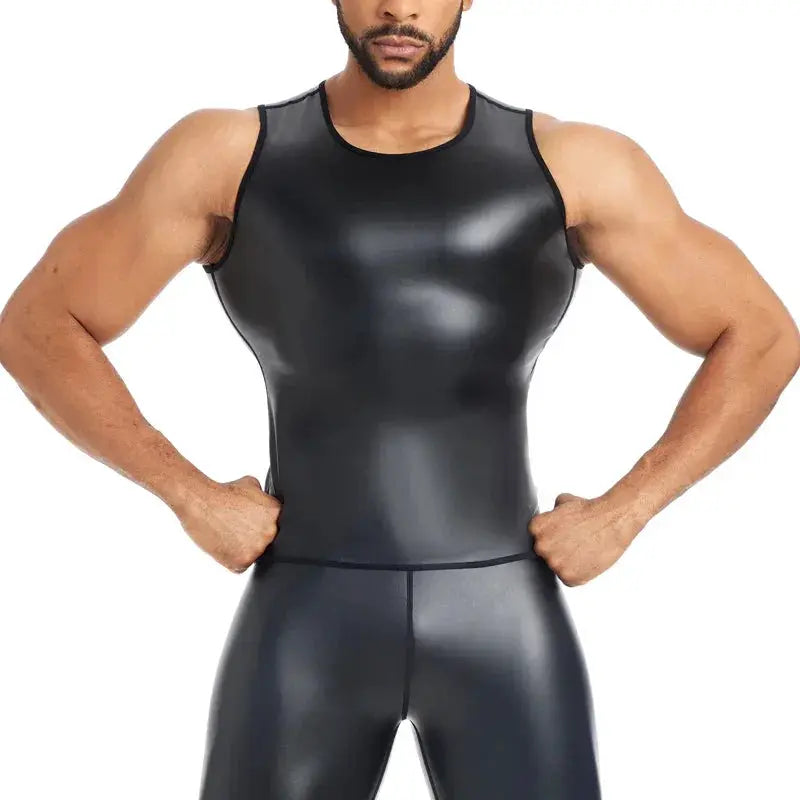Men Body Shaper Faux Leather Vest Undershirt Tank Top