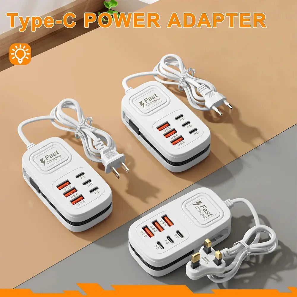 6 Ports USB Fast Charger Power Strip Desktop Charging Station Fast Charging EU/UK/US Plug USB HUB Adapter Socket 3Type C 3USB