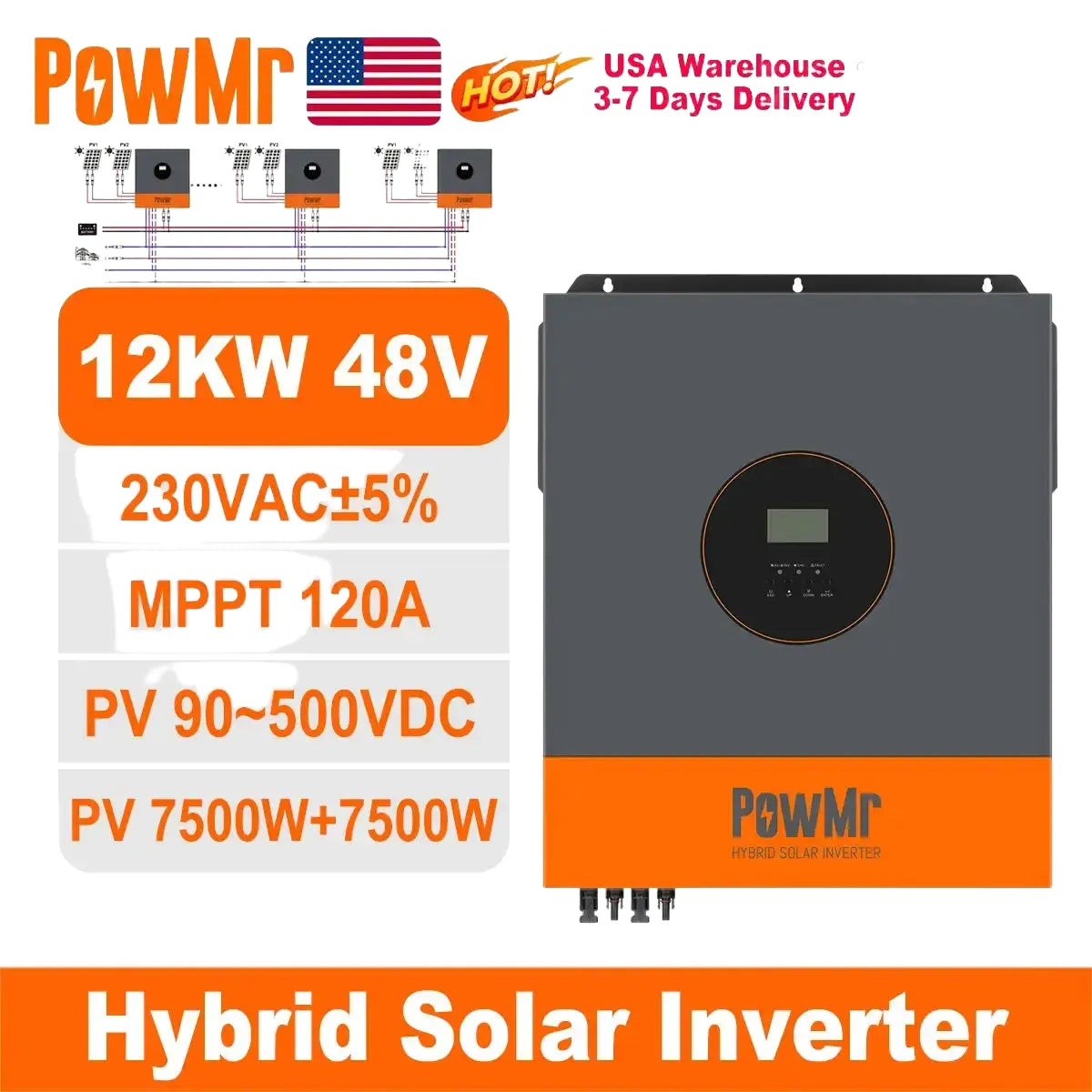 PowMr USA 48V 12000W Hybrid Solar Inverter Pure Sine Wave 2×MPPT 150A Charger 90-500V PV Input 220V/230V/240V Output Off Grid On Grid Inverter Compatible with Lithium Lead Acid AGM Battery for Home Appliance Compatible Suppo