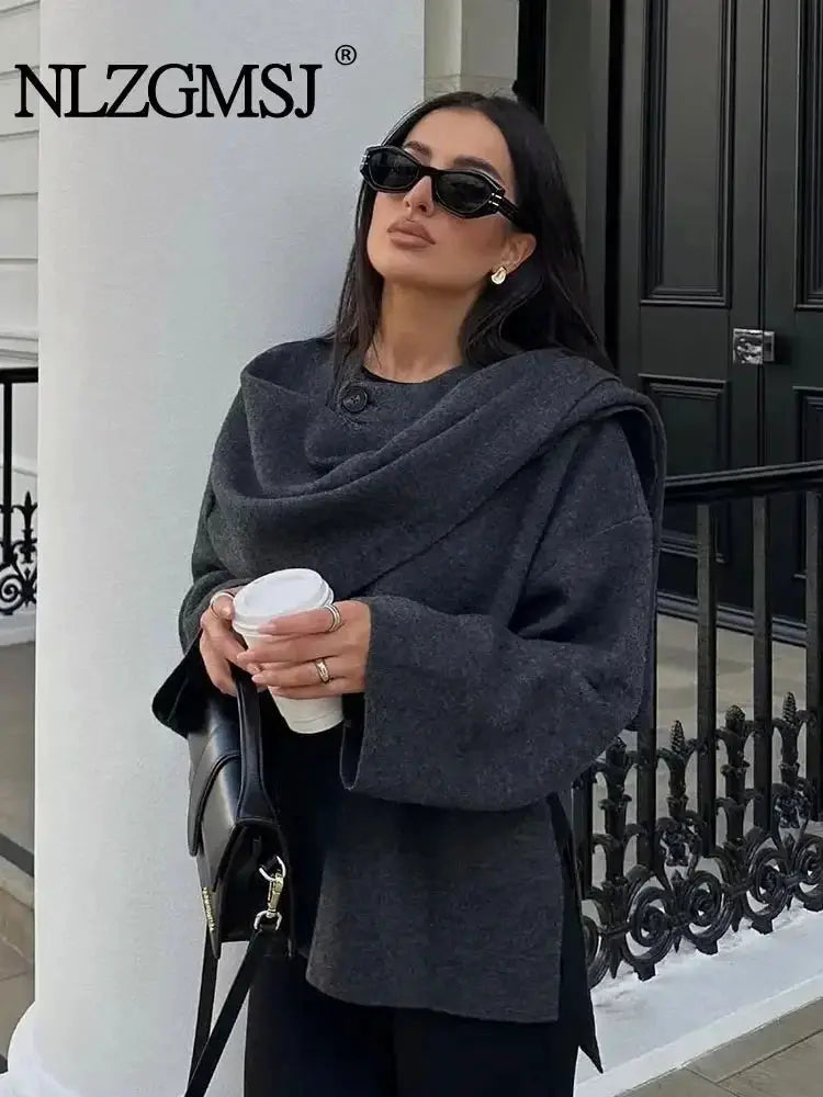 TRAF 2023 Winter Women Scarf Coat Long Sleeve Jacket