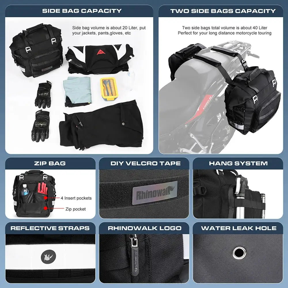 Rhinowalk Motorcycle Side Bag Fully Waterproof Inside 20L Expand 30L Universal Hook Saddle Bag With Removable Motorbike Luggage
