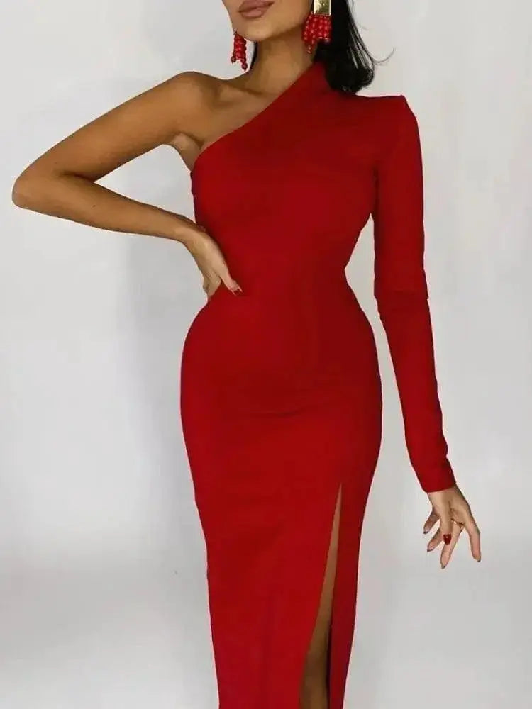 Elegant One Shoulder Black Maxi Dress Formal Evening Gown