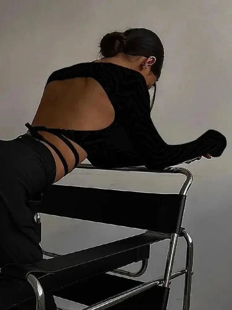 Sultry Black Lace Up Tee Backless Autumn Streetwear Fashion