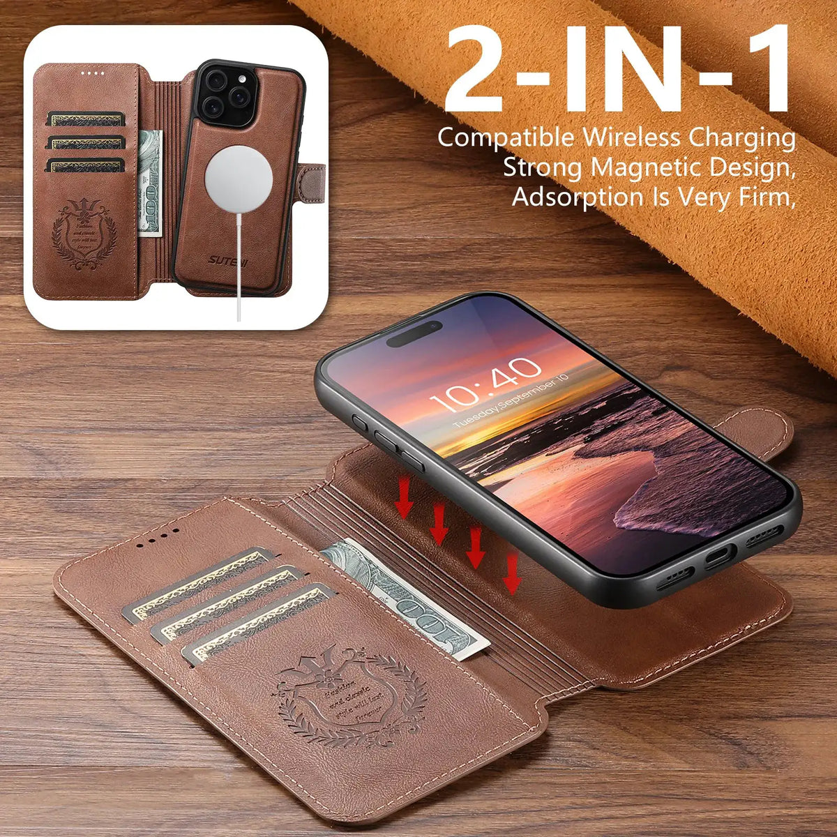 SUTENI Faux Leather Wireless Charging Card Holder Stand Wallet Magnetic Flip Cover Phone Case For iPhone 18 Pro Max 17 16 Plus