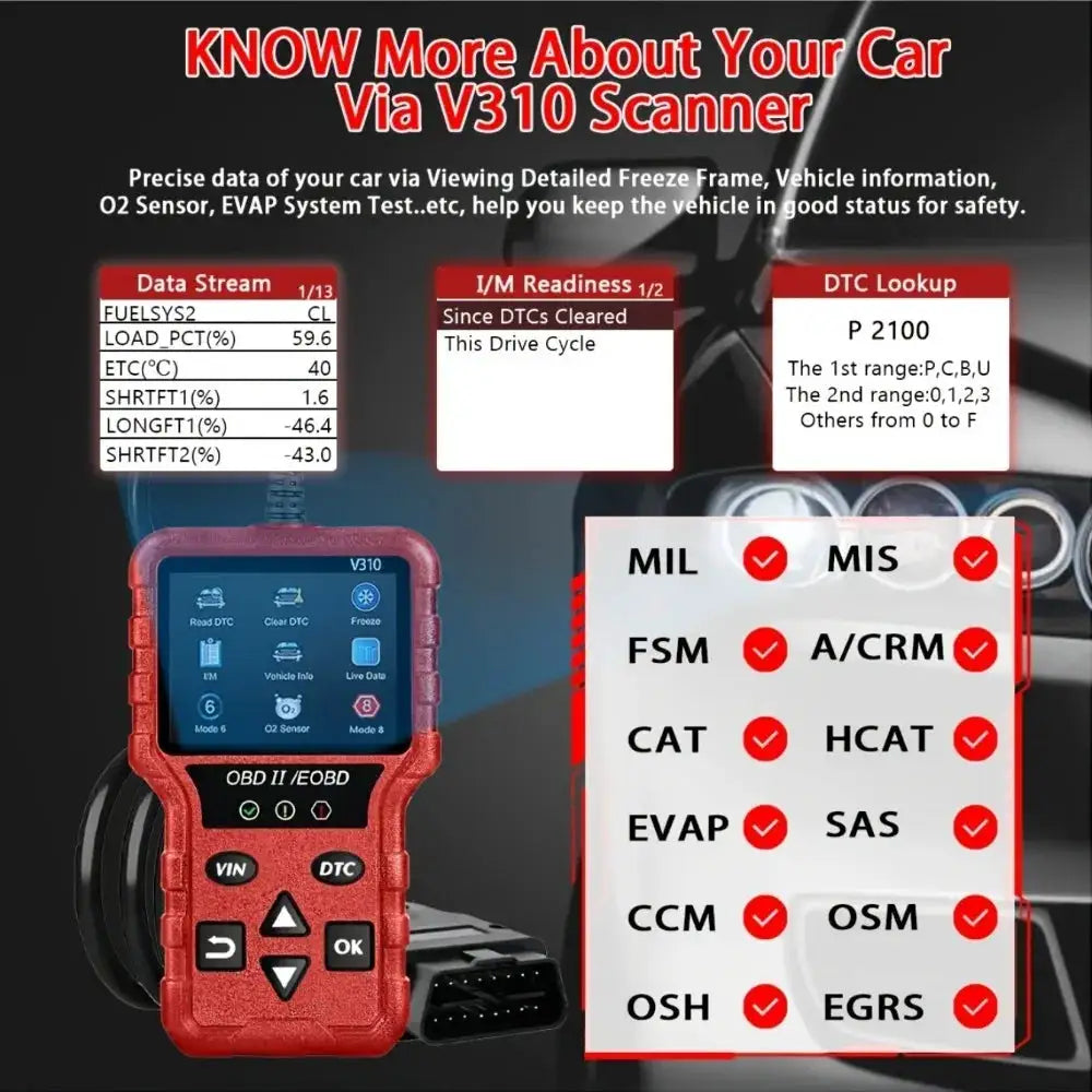 V310 OBD2 scanner diagnostic tool for real-time monitoring of compatible engine data for cars and trucks