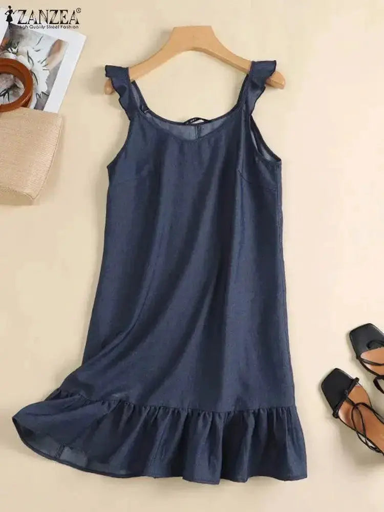 Boho Chic Denim Sundress Women Beach Dress For Summer