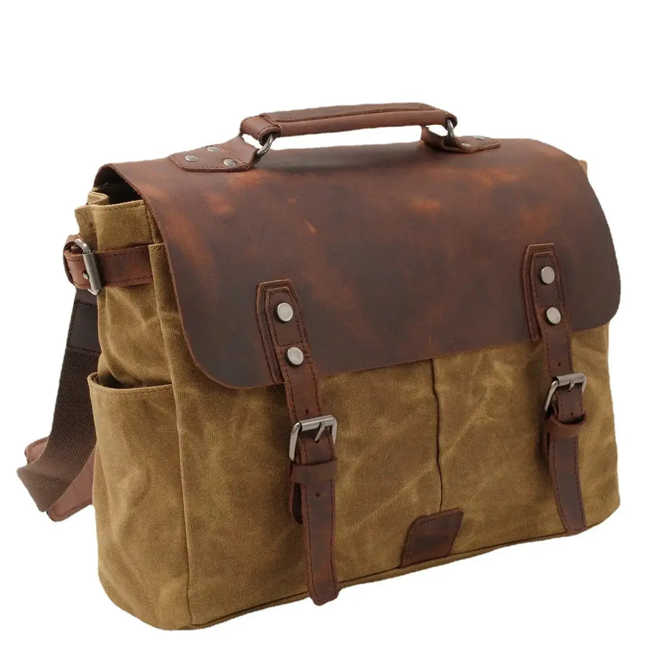 Oil Waxed Canvas Crazy Horse Leather Crossbody Briefcase - OurLum.com