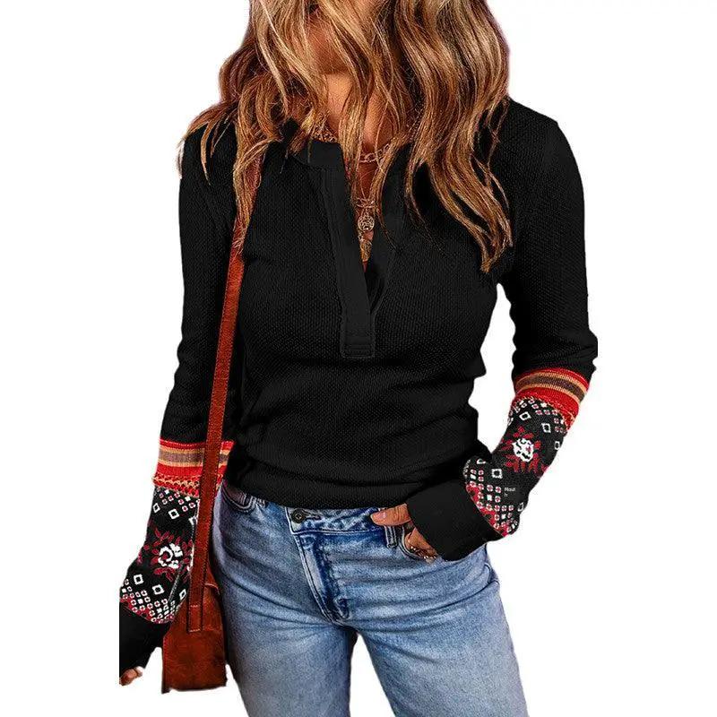 V Neck Ethnic Print Slim Fit Long Sleeve Pullover Women