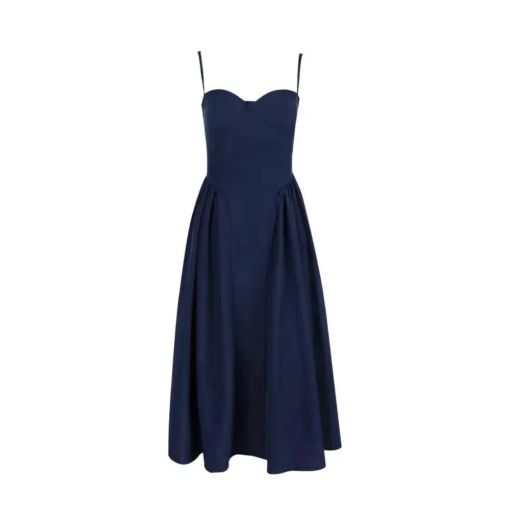 Suninheart Navy Blue Spaghetti Strap Midi Dress Elegant - OurLum.com