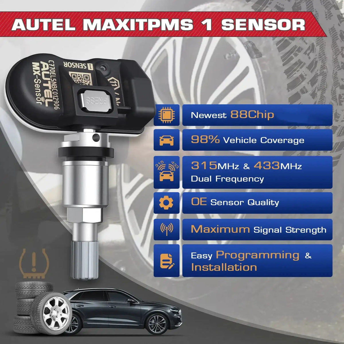 4pcs Autel 2IN1 MX-Sensor Dual Frequency 315MHz + 433MHz OE-Level Universal Programmable TPMS Sensors for Tire Pressure TS508WF