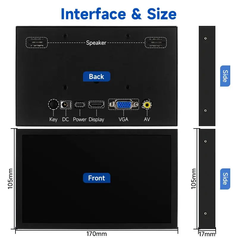 7 Inch Portable Monitor 1024x600 IPS LCD HDMI-compatible VGA AV Input DC Type C Power Screen for PC Laptop Camera TV Box DVD